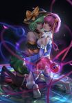  2girls black_hat breasts green_eyes green_hair green_skirt hairband hat heart highres kneeling komeiji_koishi komeiji_satori looking_at_viewer medium_breasts multiple_girls pink_eyes pink_skirt purple_hair sarena short_hair siblings sideboob sisters skirt thigh-highs touhou white_legwear 