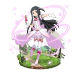  1girl black_eyes black_hair boots bow floating_hair full_body gloves hair_bobbles hair_ornament holding holding_staff layered_skirt long_hair looking_at_viewer magical_girl miniskirt outstretched_arm pink_footwear pink_neckwear pink_skirt red_bow short_sleeves simple_background skirt smile solo staff sword_art_online thigh-highs tuxedo two_side_up very_long_hair white_background white_gloves white_legwear yui_(sao) 