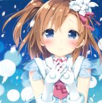  1girl blue_background blue_eyes blush brown_hair closed_mouth collared_shirt copyright_request flower fur_trim gloves hair_flower hair_ornament hair_ribbon highres lips looking_at_viewer necktie one_side_up own_hands_together peko pink_lips pink_neckwear pink_ribbon ribbon shirt short_hair smile solo upper_body white_gloves wing_collar 