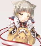  1girl animal_ears bangs blunt_bangs bodysuit cat_ears embarrassed eyebrows gloves highres hinot hood long_sleeves looking_at_viewer niyah open_mouth ribbon short_hair silver_hair simple_background smile solo white_gloves xenoblade xenoblade_2 yellow_bodysuit yellow_eyes 