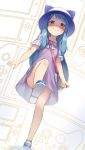  1girl ass_visible_through_thighs blue_hair blush brown_eyes closed_mouth commentary_request eyebrows_visible_through_hair kotoha_(mitsuboshi_colors) leg_up long_hair looking_at_viewer mitsuboshi_colors no_panties observerz shoes short_sleeves smile solo standing standing_on_one_leg 
