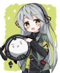  1girl :d bangs black_hairband black_ribbon black_shirt blush commentary eyebrows_visible_through_hair girls_frontline green_eyes green_jacket grey_hair hair_ribbon hairband head_tilt highres holding jacket long_hair long_sleeves looking_at_viewer open_clothes open_jacket open_mouth pointing ribbon shirt short_over_long_sleeves short_sleeves smile solo star star-shaped_pupils symbol-shaped_pupils tandohark ump40_(girls_frontline) very_long_hair walkie-talkie 