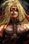  1boy bare_shoulders belt_collar blindfold blonde_hair copyright_request covered_eyes detached_sleeves facing_viewer hankuri long_hair male_focus muscle open_mouth solo upper_body 