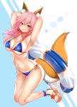  animal_ears arms_behind_back arms_behind_head bikini blue_bikini blush breasts cleavage collarbone commentary_request fate/grand_order fate_(series) fox_ears fox_tail groin highres innertube kashima_mashino large_breasts looking_at_viewer navel pink_hair side-tie_bikini sweat swimsuit tail tamamo_(fate)_(all) tamamo_no_mae_(swimsuit_lancer)_(fate) yellow_eyes 