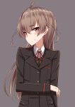  1girl ahoge bangs black_jacket blush brown_eyes brown_hair closed_mouth collared_shirt eyebrows_visible_through_hair grey_background hair_between_eyes highres jacket long_hair long_sleeves original rabochicken school_uniform shirt simple_background smile solo sweater_vest very_long_hair white_shirt 