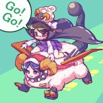  2girls :3 black_hat blue_eyes blue_hair blush_stickers bow brown_eyes brown_hair cape curled_horns doreking doremy_sweet dress english fedora footprints glasses gloves hat hat_bow hat_ribbon isu_(is88) long_sleeves multiple_girls nightcap open_mouth plaid pointing pom_pom_(clothes) purple_dress red-framed_eyewear red_hat ribbon riding school_uniform semi-rimless_eyewear sheep short_hair sitting skirt skirt_set smile touhou under-rim_eyewear usami_sumireko vest white_bow white_gloves white_ribbon 