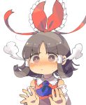  1girl ascot black_hair blush bow brown_eyes detached_sleeves hair_bow hair_tubes hakurei_reimu looking_at_viewer red_bow ribbon-trimmed_sleeves ribbon_trim sasa_kichi simple_background solo touhou upper_body vest white_background 