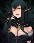  1girl adjusting_hair angry bare_shoulders black_hair breasts detached_sleeves fate/apocrypha fate_(series) highres long_hair medium_breasts open_mouth pointy_ears semiramis_(fate) solo upper_body walzrj yellow_eyes 