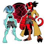  2girls abraham_sapien bare_shoulders barefoot belt bike_shorts black_hair blue_eyes blue_hair blue_skin broken_horn demon demon_girl demon_tail fingerless_gloves fins fishman genderswap genderswap_(mtf) gills gloves gun hellboy hellboy_(comic) holster hooves horns jacket medium_hair multicolored_hair multiple_girls navel ponytail rariatto_(ganguri) red_skin sidelocks standing strapless tail tubetop two-tone_hair utility_belt weapon white_background yellow_eyes 