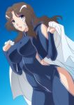  1girl alternate_costume arm_cutout bangs blue_background bodysuit breasts brown_hair covered_navel erect_nipples gradient gradient_background grey_eyes headgear impossible_clothes kuroda_akimi labcoat large_breasts leg_cutout lips long_hair looking_at_viewer mature parted_bangs parted_lips pilot_suit side_cutout skin_tight solo soukyuu_no_fafner synergetic_suit toomi_chizuru undressing 