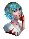  1girl blood blood_on_face bloody_clothes bloody_hands blue_eyes blue_hair choker commentary earth-chan face_mask gery_naidenova green_hair jewelry lips long_hair mask multicolored_hair nasa nose original pendant portrait shirt short_hair simple_background solo surgical_mask two-tone_hair white_background white_shirt 