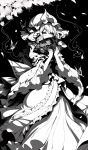  1girl absurdres arm_garter black_background butterfly commentary_request dress eyebrows_visible_through_hair fan frills greyscale hat highres hitodama holding holding_fan limited_palette long_sleeves mob_cap monochrome petals red_eyes saigyouji_yuyuko sheya short_hair solo spot_color touhou triangular_headpiece veil wide_sleeves 