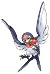  berry commentary_request flying full_body mouth_hold no_humans pearl7 pokemon pokemon_(creature) simple_background solo spread_wings taillow white_background 