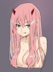  1girl :p breasts character_request cleavage collarbone copyright_request cropped_arms cropped_torso eyebrows_visible_through_hair green_eyes grey_background horns kazuma_muramasa medium_breasts pink_hair solo tongue tongue_out wet 