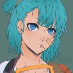  1girl aqua_hair artist_name bandaid bandaid_on_face bangs blue_eyes bulma closed_mouth dragon_ball earrings eyebrows_visible_through_hair face fire-akra jewelry light_smile lips looking_at_viewer mouth_hold short_hair side_ponytail solo 