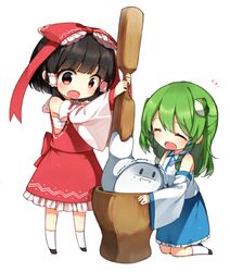  2girls bangs black_hair blue_skirt blunt_bangs bow chibi closed_eyes detached_sleeves food frog_hair_ornament green_hair hair_bow hair_ornament hair_tubes hakurei_reimu holding kneeling kochiya_sanae miniskirt mochi mochi_(touhou) multiple_girls red_bow red_eyes red_skirt revision ribbon-trimmed_sleeves ribbon_trim sarashi shaded_face shinoba simple_background skirt skirt_set smile snake_hair_ornament socks tears touhou vest wagashi white_background white_legwear wide_sleeves 