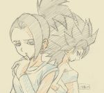  2girls black_eyes black_hair caulifla color_trace downscaled dragon_ball dragon_ball_super earrings frown graphite_(medium) hand_on_hip hand_on_own_chin jewelry kale_(dragon_ball) md5_mismatch multiple_girls oono_tsutomu_(animator) ponytail resized signature simple_background smile spiky_hair tank_top tied_hair traditional_media wristband 