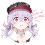  1girl azur_lane breasts cape cleavage closed_mouth coat eyebrows_visible_through_hair fur-trimmed_cape fur_trim graf_zeppelin_(azur_lane) grey_hair hair_between_eyes hat iron_cross kizuna_ai long_hair looking_away military military_uniform peaked_cap pink_eyes simple_background solo ug_(nekonekodou) uniform white_background 