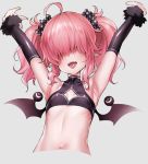  1girl armpits arms_up breasts cleavage_cutout demon_wings facing_viewer fangs grey_background hair_ornament hair_over_eyes hair_scrunchie hizuki_akira navel open_mouth original outstretched_arms pink_hair pointy_ears polka_dot scrunchie simple_background small_breasts smile solo tongue turtleneck upper_body wings 
