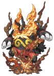  commentary_request debris dirt emboar explosion fangs fire full_body jumping no_humans pearl7 pokemon pokemon_(creature) red_eyes rock simple_background solo volcano white_background 