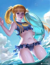  1girl alternate_hair_length alternate_hairstyle arms_up bangs bikini bird blue_bikini blue_eyes blue_sky breasts check_character clouds day frilled_bikini frills hair_tie holding innertube looking_at_viewer navel nose ocean orange_hair parted_lips partially_submerged pikachu_print pink_lips pokemon satoshi_(pokemon) seagull shiny shiny_hair sky small_breasts solo standing stomach sunlight swimsuit twintails water wet y_xun 