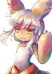  1girl :3 animal_ears bangs blunt_bangs closed_mouth commentary_request eyebrows_visible_through_hair furry highres horizontal_pupils looking_at_viewer made_in_abyss military military_uniform nanachi_(made_in_abyss) naval_uniform paws puffy_pants ria_(efikrisia) short_hair sidelocks silver_hair simple_background solo standing uniform upper_body white_background yellow_eyes 