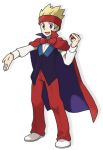  1boy blonde_hair blue_eyes bow bowtie cape enu_(spinal) full_body headband juggler_(pokemon) male_focus open_mouth poke_ball pokemon pokemon_(game) simple_background solo white_background 