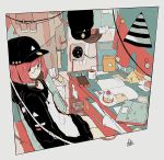  1girl bob_cut cable cake computer cup daisukerichard food fruit glasses hat headphones hood hoodie laptop looking_at_viewer nintendo_switch original paper polaroid pyramid short_hair siting solo strawberry table triangle 