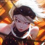 1girl armpit_peek armpits bare_shoulders commentary deviantart_username fire guweiz hairband long_hair looking_to_the_side muscle orange_eyes original science_fiction shadow solo upper_body white_hair 