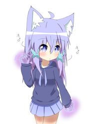  1girl :&lt; absurdres ahoge animal_ears bangs blue_eyes blue_hoodie blue_skirt blush closed_mouth commentary_request eyebrows_visible_through_hair fox_ears hair_between_eyes hair_ornament highres hood hood_down hoodie idaten93 long_hair long_sleeves looking_away looking_to_the_side original pleated_skirt purple_hair sidelocks simple_background skirt sleeves_past_wrists solo till_(idaten93) translation_request very_long_hair white_background x_hair_ornament 