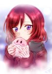  1girl :t bangs black_scarf blurry blurry_background blush blush_stickers closed_mouth coat eating eyebrows_visible_through_hair food holding holding_food kirby kirby_(series) long_sleeves looking_at_viewer love_live! love_live!_school_idol_project nishikino_maki purple_background red_coat redhead ric_(fwpbox) scarf shiny shiny_hair short_hair signature sketch solo swept_bangs upper_body violet_eyes wrapper 
