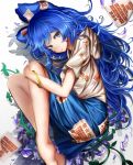  1girl bangle bangs bare_legs barefoot blue_bow blue_eyes blue_hair blue_skirt bow bracelet debt fetal_position hair_bow hood hoodie houdukixx jewelry long_hair looking_at_viewer miniskirt petals short_sleeves skirt solo touhou white_background yorigami_shion 