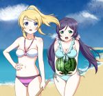  2girls ayase_eli bikini breasts love_live! love_live!_school_idol_project skull573 swimsuit toujou_nozomi watermelon 