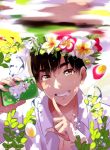  1boy 20day_cc air_bubble black_hair brown_eyes bubble cellphone flower index_finger_raised male_focus phichit_chulanont phone smartphone underwater upper_body yuri!!!_on_ice 