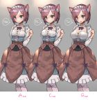  1girl :o animal_ears bangs blush bow breasts brown_hair brown_skirt cat_ears closed_mouth detached_collar eyebrows_visible_through_hair floral_print grey_background highres hitowa juliet_sleeves large_breasts long_sleeves maid_headdress medium_breasts original parted_lips pink_legwear print_legwear puffy_sleeves purple_bow shirt short_hair simple_background skirt small_breasts solo thigh-highs v-shaped_eyebrows white_collar white_shirt 