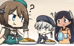  3girls :&gt; ? apron beret black_eyes black_gloves black_hair blue_eyes blush breast_rest breasts brown_hair commentary_request cup curry dated drinking_glass eating food gloves grey_eyes hair_ornament hamu_koutarou hat highres i-400_(kantai_collection) kantai_collection long_hair maya_(kantai_collection) multiple_girls pitcher remodel_(kantai_collection) sailor_collar short_hair silver_hair spoon tan x_hair_ornament z1_leberecht_maass_(kantai_collection) 