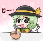  1girl :d black_eyes black_hat blush bowl chibi commentary_request drinking_straw elbows_on_table eyeball eyebrows_visible_through_hair food frilled_shirt_collar frilled_sleeves frills gradient gradient_background green_hair hair_between_eyes hat hat_ribbon heart heart_of_string komeiji_koishi long_sleeves looking_at_viewer noai_nioshi open_mouth ribbon shirt short_hair smile solo sparkle_background staring steam string third_eye touhou two-tone_background udon wing_collar yellow_ribbon yellow_shirt 