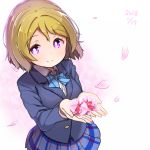  1girl blazer blue_neckwear brown_hair cupping_hands dated flower holding holding_flower jacket koizumi_hanayo long_sleeves love_live! love_live!_school_idol_project otonokizaka_school_uniform petals pleated_skirt shipii_(jigglypuff) short_hair skirt smile solo striped_neckwear violet_eyes 