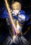  1boy armor blonde_hair breastplate cape excalibur_(fate/prototype) fate/prototype fate_(series) fur_trim gauntlets gijang glowing gorget green_eyes highres holding holding_sword holding_weapon male_focus saber_(fate/prototype) smile solo standing sword weapon 