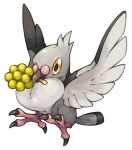  berry commentary_request flying full_body looking_at_viewer mouth_hold no_humans pearl7 pidove pokemon pokemon_(creature) simple_background solo spread_wings white_background 