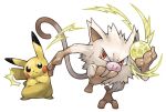  attack closed_mouth commentary_request crossed_arms electricity frown half-closed_eye holding mankey no_humans pearl7 pikachu pokemon pokemon_(creature) simple_background sparks white_background 
