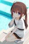  1girl bag bangs blush brown_hair brown_skirt commentary_request eyebrows_visible_through_hair hair_between_eyes hand_up long_hair looking_at_viewer no_socks original pleated_skirt ponytail pool poolside shirt shoes short_sleeves skirt solo squatting violet_eyes water white_footwear white_shirt wide_sleeves yuuhagi_(amaretto-no-natsu) 