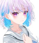  1girl bangs blue_hair braid closed_mouth eyebrows_visible_through_hair hand_up keichan_(user_afpk7473) lize_helesta looking_at_viewer multicolored_hair nijisanji pink_hair sailor_collar shirt simple_background smile solo two-tone_hair upper_body violet_eyes virtual_youtuber white_background white_sailor_collar white_shirt 