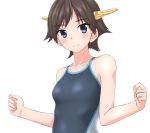  1girl blue_eyes blush breasts brown_hair eyebrows_visible_through_hair hiei_(kantai_collection) highres kantai_collection looking_at_viewer short_hair small_breasts smile solo swimsuit takafumi white_background 