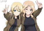  2018 2girls ;) ;d alternate_costume arm_around_shoulders blonde_hair blue_eyes bomber_jacket breasts bukkuri cowboy_shot darjeeling dated girls_und_panzer jacket kay_(girls_und_panzer) long_hair medium_breasts multiple_girls one_eye_closed open_mouth saunders_school_uniform sketch smile tank_top v 