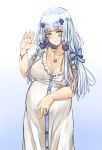  1girl bishi_(bishi) blush bracelet breasts cleavage girls_frontline green_eyes hair_ornament highres hk416_(girls_frontline) jewelry long_hair necklace pregnant silver_hair simple_background smile solo waving 