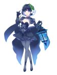  1girl 20day_cc black_dress black_gloves black_hair black_legwear blue_eyes chains dress elbow_gloves flower full_body gloves hair_flower hair_ornament highres key keyring lantern laurel_crown original short_hair standing 