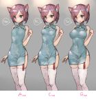  1girl :o animal_ears bangs bare_arms bare_shoulders blue_dress blush breasts brown_hair cat_ears china_dress chinese_clothes closed_mouth commentary_request dress eyebrows_visible_through_hair floral_print grey_background head_tilt highres hitowa large_breasts medium_breasts original panties panty_pull parted_lips pink_legwear print_legwear see-through short_hair side_slit simple_background sleeveless sleeveless_dress small_breasts solo thigh-highs underwear v-shaped_eyebrows white_panties 