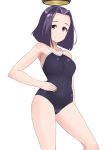  1girl 30-06 black_swimsuit competition_school_swimsuit covered_navel cowboy_shot hair_intakes hand_on_hip highres kantai_collection looking_at_viewer mechanical_halo purple_hair school_swimsuit short_hair simple_background smile solo swimsuit tatsuta_(kantai_collection) violet_eyes white_background 