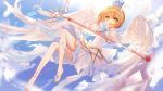  1girl :d absurdres ahoge angel_wings bangs bison_cangshu blue_sky card_captor_sakura clear_card clouds commentary crown day dress eyebrows_visible_through_hair feathered_wings feathers flying gloves green_eyes highres holding holding_wand kinomoto_sakura light_brown_hair looking_at_viewer no_socks open_mouth outdoors outstretched_arm shoes sky sleeveless sleeveless_dress smile solo star sunlight wand white_dress white_footwear white_gloves white_wings wings yume_no_tsue 